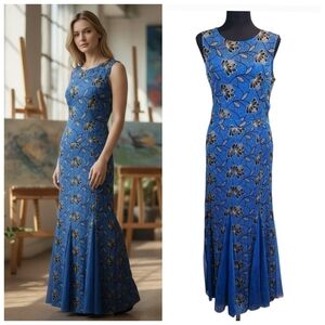 Vintage Candalite Blue Floral Metallic Maxi Dress Y2K 90s Whimsigoth Medium